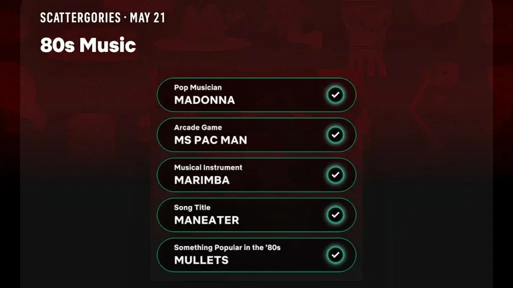 Netflix Puzzled Scattergories Answer for May 21, 2026
