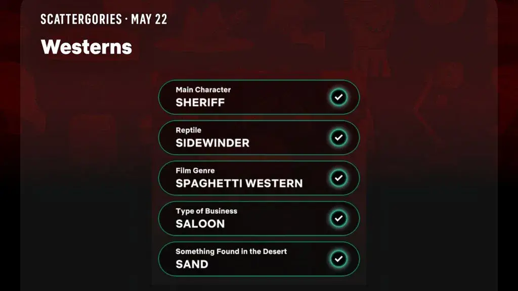 Netflix Puzzled Scattergories Solution for May 22, 2026