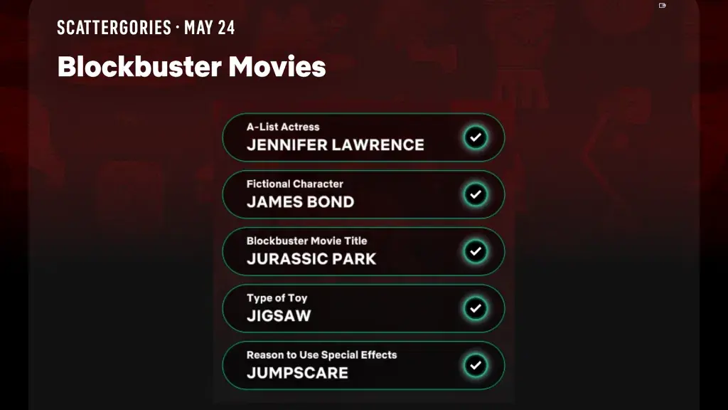Netflix Puzzled Scattergories Solution for May 24, 2026